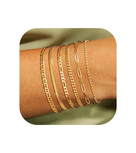 PRICES MAY VARY. 6 PCS GOLD BRACELETS SET - The danity gold bracelet set includes 6 different styles of gold bracelets including beaded, paperclips, Mariner, Cuban, Herringbone and Figaro link designs. This gold bracelet can be worn alone or paired with other delicate and stylish bracelets or watches for the perfect arm party. MULTIPLE SIZE CHOICE - Gold bracelet lengths are available in 6 inch, 6.8 inch and 7.2 inch, please choose the right size according to your wrist, and each bracelet comes Gold Bracelet Sets, Gold Bracelet Stacking, Beaded Paperclips, Gold Chain Bracelets, Stackable Beaded Bracelets, Gold Bracelets Stacked, Cuban Link Bracelet, Bracelet Pack, Gold Bracelet Set