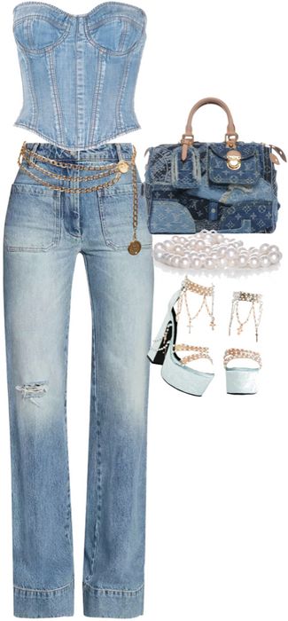 Denim Denim Outfit, Denim Corset Top, Denim Corset, Denim Day, Baby Phat, Denim Trends, Ermanno Scervino, Evening Outfits, Outfit Maker