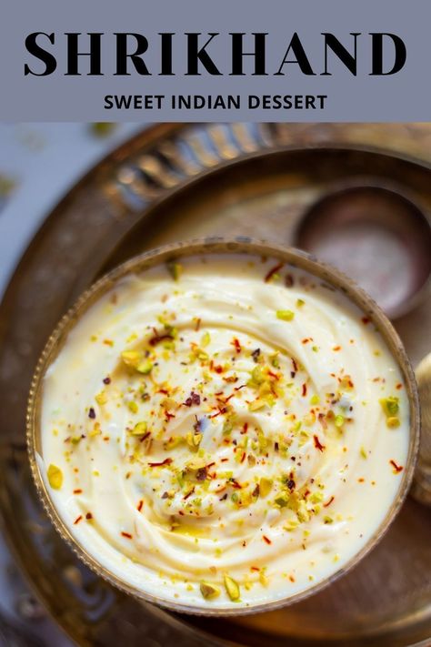 Shrikhand, a refreshing & sweet Indian dessert. Creamy smooth yogurt is mixed with sugar and cardamom, and garnished with saffron and pistachios to make this luscious Kesar Elaichi Shrikhand | Healthy Dessert | Indian Sweets | yogurt dessert | festival food | #indiandessert #shrikhand | pipingpotcurry.com Healthy Indian Sweets, Dessert Recipes For Diabetics, Traditional Indian Food Recipes, Dessert Indian, Dessert Festival, Loss Images, Shrikhand Recipe, Holi Recipes, Recipes For Diabetics