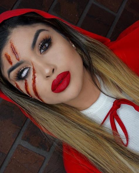 Zombie Red Riding Hood, Red Riding Hood Halloween Makeup, Scary Little Red Riding Hood Costume, Scary Red Riding Hood Makeup, Red Riding Hood Costume Makeup, Red Riding Hood Makeup Halloween, Diy Little Red Riding Hood Costume Women, Little Red Riding Hood Makeup, Lip Makeup Art