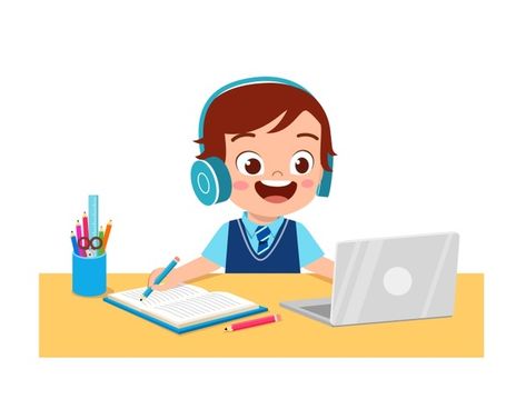 Premium Vector | Happy cute little kid do home school with computer laptop connect to internet study e-learning and course. Technology Kids, Online Training Courses, School Labels, E-learning, Online Lessons, Graphic Design Lessons, Learning Courses, Kids Clipart, Clip Art Borders