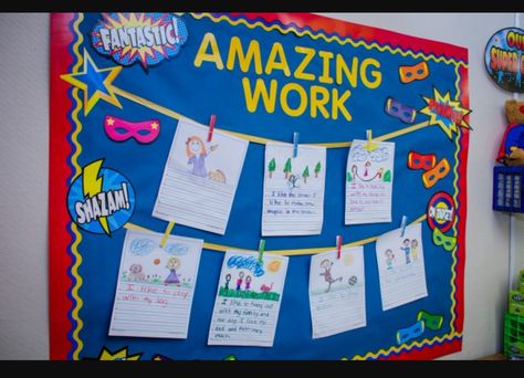 Amazing Work Bulletin Board Ideas, Kindergarten Bulletin Board Ideas Student Work, Wow Work Bulletin Board Display Ideas, Amazing Work Bulletin Board, Classroom Fridge, Student Work Bulletin Board, Work Bulletin Board, Hero Classroom Theme, Ks1 Classroom