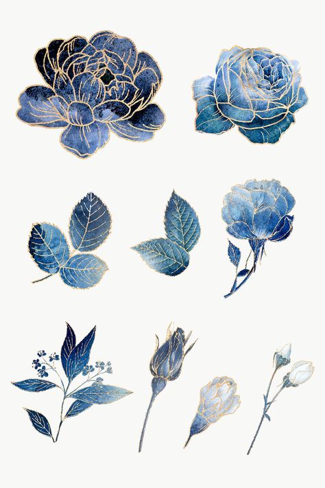 Blooming flower set with gold elements  | free image by rawpixel.com / Adj Blue Scrapbook Ideas, Stary Papier, Aesthetic Elements, Blue Peonies, Flowers Drawing, Scrapbook Stickers Printable, Floral Drawing, 수채화 그림, Floral Stickers