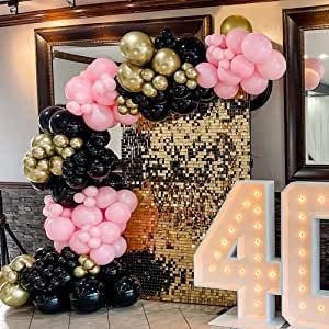 Pink And Black Balloon Garland, Shower Room Layout, Pink Black Gold Party, Balloon Garland Birthday, Black Balloon Garland, Gold And Pink Balloons, Black And Gold Party Decorations, Garland Birthday, Black And Gold Balloons