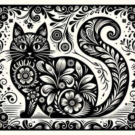 Cat Zentangle, Cat Linocut, Eraser Art, Fall Coloring Sheets, Linocut Printmaking, Abstract Geometric Art, Scandinavian Folk Art, Linocut Art, Folk Art Painting