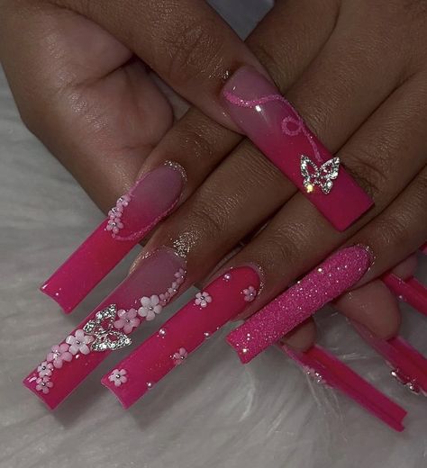 Nicki Minaj Nails Ideas, Aries Inspired Nails, Hot Pink Bling Nails, Pink Bling Nails Rhinestones, Latina Nail Designs Pink, Pink Gem Nails, Pink Acrylic Nail Designs, Pink Bling Nails, Long Acrylic Nail Designs