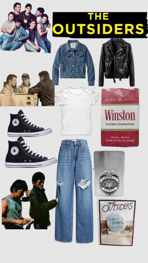 (boys) greasers / the outsiders <3 Greaser Boy Outfit, Greasers The Outsiders, Greaser Outfit, Greaser Aesthetic, The Outsiders Ponyboy, Greaser Style, The Outsiders Greasers, 80s And 90s Fashion, Halloween Costumes Friends