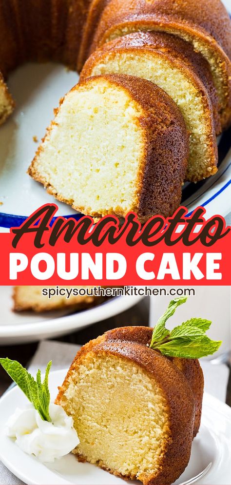 This homemade Amaretto Pound Cake has lots of almond flavor from both Amaretto and almond extract. It’s buttery, moist, and sweet and I love to serve it slightly warmed with fresh whipped cream and a few sliced strawberries. Southern Pound Cake, Amaretto Pound Cake Recipe, Fresh Whipped Cream, Pound Cake Recipes Moist, Almond Pound Cakes, Amaretto Pound Cake, Sliced Strawberries, Homemade Amaretto, Amaretto Cake