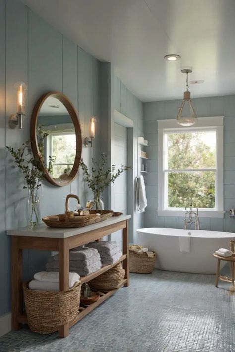 Lake House Bathroom Paint Colors, Bath In Window, Eggshell Blue Bathroom, Master Bathrooms Colorful, Large Bathroom Color Ideas, Color Combinations For Bathrooms, Coastal Bathroom Vanity Ideas, Plant In Bathroom Ideas, Beachy Bathroom Paint Colors