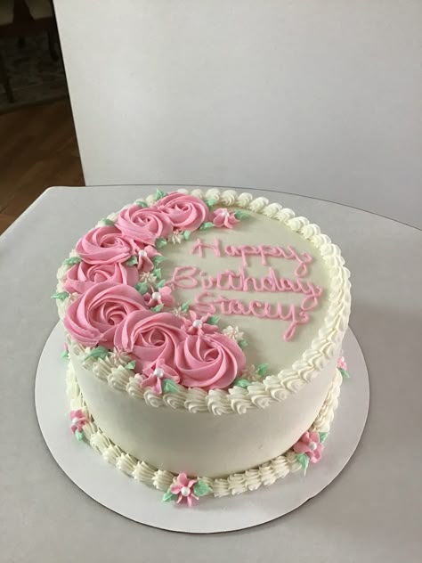 9 X 13 Cake Decorating Ideas, Easy Spring Cake Decorating, Women's Birthday Cake, Easy Floral Cake Design, Simple Butter Cream Cake Design, Round Birthday Cake For Women, Simple Round Cake Designs, White Cake With Pink Flowers, Flower Piping Cake