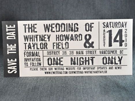 Cute concert style 'Save the date' card. Rocker Wedding, Ticket Wedding Invitations, Wedding Reception Invitations, Concert Ticket, Rock Wedding, Reception Invitations, Themed Wedding Invitations, Wedding Invitations Online, Eco Friendly Wedding