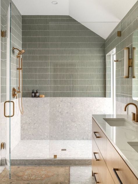 shower inspiration for a modern organic bathroom with green tiles, beautiful finishes, and a marble-topped vanity Bathroom Modern Organic, Tile Behind Vanity, Modern Organic Bathroom, Mirrors Design, Organic Bathroom, Guest Bathroom Renovation, Spa Like Bathrooms, Fireplace Update, Primary Bath