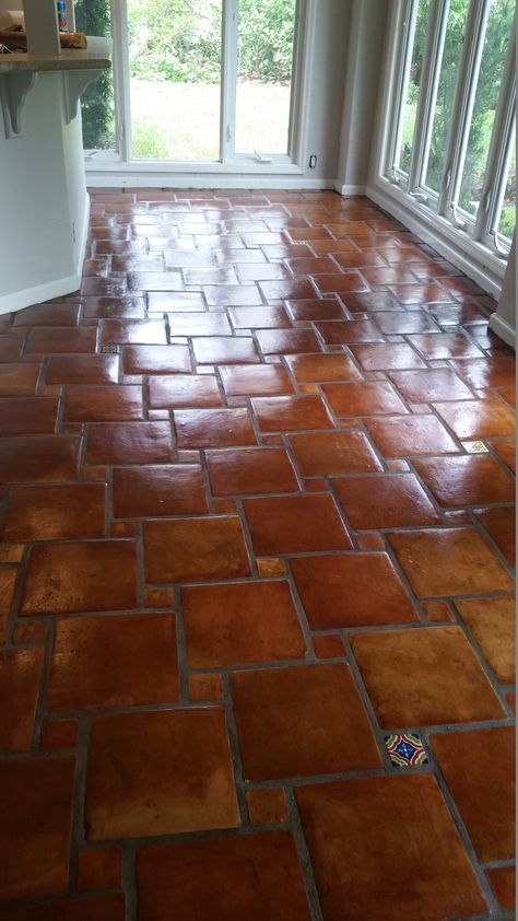 Terracotta Flooring Kitchen, Cool Tile Floors, Modern Spanish Tile, Mexican Tile Floors, Mexican Saltillo Tile, Hacienda Flooring, Mexican Floor Tiles, Mexican Tile Floor Kitchen, Mexican Flooring