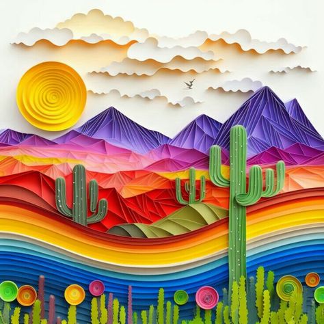 Quilling Mountain Scene, Paper Quilling Rainbow, Quilling Landscape Art, Paper Quilling Landscape, Quilling Landscape, Landscape With Rainbow, Construction Paper Art, Layered Paper Art, Rainbow Cactus