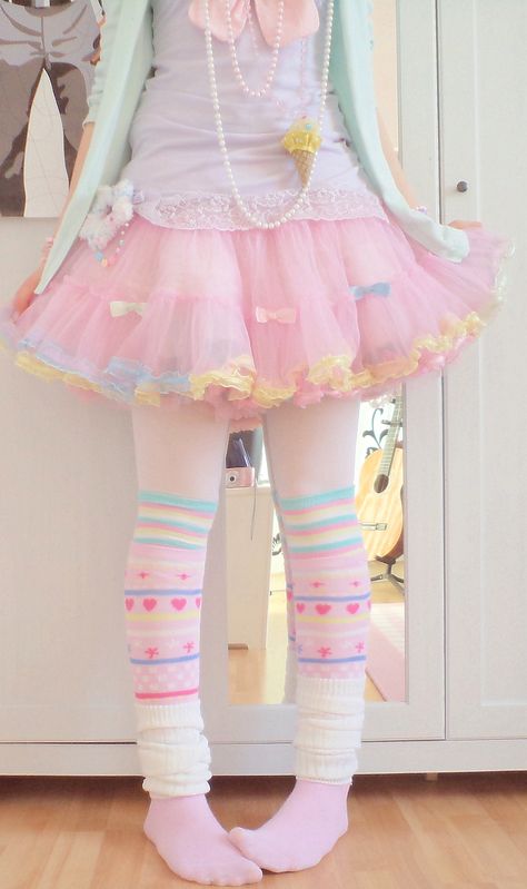 fairy kei pastels <3 Would love to experiment with socks but would tone down the rest of the outfit. Wouldn´t have thought of teaming a mint cardi with purple :) A Woman, Pastel, Pink, Blue