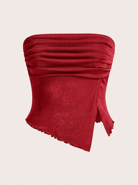 SHEIN Essnce Ladies' Summer Boho Solid Color Pleated Strapless Top With Asymmetrical Hemline And Split FrontI discovered amazing products on SHEIN.com, come check them out! Strapless Top Outfit, Red Two Piece, Korean Fashion Outfits, Normal Clothes, Styl Boho, Boho Summer, One Shoulder Tops, Women Lace, Summer Women