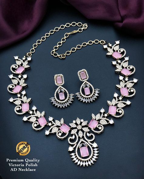 Victorian Polish CZ Diamond Necklace Set with Pink Stones| American Diamond Statement Wedding Necklace with Matching Earrings| Gift For her Indian Wedding Jewelry Sets, Diamond Jewelry Set, American Diamond Jewellery, American Diamond Necklaces, Silver Jewellery Online, Pink Stones, Diamond Necklace Set, Indian Jewelry Sets, Diamond Jewelry Designs