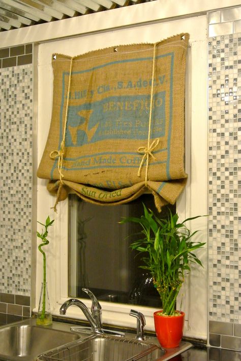 Diy Kitchen Curtains, Burlap Drapes, Burlap Window Treatments, Coffee Bean Sacks, Burlap Coffee Bags, Burlap Valance, Coffee Bean Bags, Coffee Sacks, Bag Label