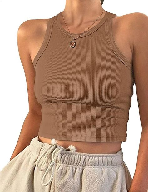 Solid Crop Tank Top, Summer Wear For Women, Tank Top Y2k, Brown Crop Top, Colorful Crop Tops, Brown Outfit, Summer Crop Tops, Top For Summer, Crop Tank Top