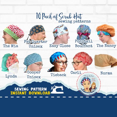 Create 10 different surgical scrub hat styles with this pdf download. Fat quarter scrub hat , ponytail scrub hat, bouffant scrub caps, tieback scrub hats, and euro scrub cap Nurse Pouch, Scrub Hat Patterns, Scrub Caps Pattern, Arm Sling, Hair Scrub, Ponytail Scrub Hat, Hat Patterns To Sew, Sewing Instructions, Cap Patterns