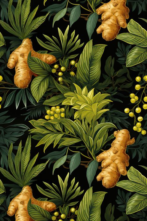 Spicy I - A captivating seamless pattern featuring ginger roots, that fits perfectly on on your chosen product ................................................................................................................................................................. spicy root, ginger print, repeatable pattern, all over print, green apparel, brown and green, colorful pattern, gardening, ginger root, leaves, colorful duvet, pattern pillow, seamless pattern, patterncabinet, pattern cabinet Duvet Pattern, Ginger Wallpaper, Repeatable Pattern, Ginger Roots, Leave Pattern, 2024 Style, Brown And Green, Pattern Pillow, Ginger Root