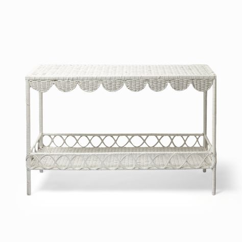 Madeleine White, Rattan Console Table, Rattan Console, Mrs Alice, White Rattan, Pagoda Lanterns, Tea Light Lanterns, Scalloped Design, Linen Cocktail Napkins