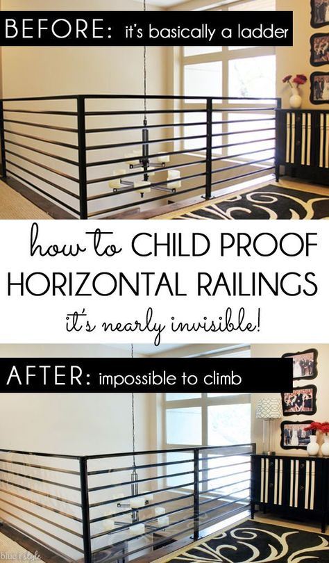 SO MUCH SAFER! Horizontal railings are like a ladder waiting to be climbed. Learn how to child proof a horizontal railing with a clear banister shield! Best of all it's inexpensive, and nearly invisible! Clear Banister, Loft Railing Ideas, Baby Proofing Stairs, Horizontal Railing, Diy Stair Railing, Loft Railing, Indoor Railing, Metal Stair Railing, Toddler Proofing