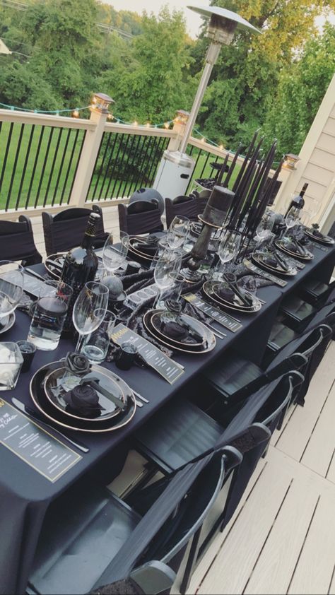 Black Tablecloth With Black Plates, All Black Outdoor Party, Black And Silver Birthday Dinner Party, All Black Party Table Decor, All Black Anniversary Party, All Black Birthday Decorations, 50 Shades Of Black Party Ideas, 30th Birthday Venue Ideas, Black On Black Table Setting