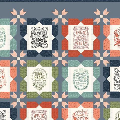 White Barn Quilts on Instagram: "On the drawing board and coming soon! This will be called the #CountryLaneQuilt - throw sixes quilt using the smaller of the #SongbookFabric panels by @fancythatdesignhouse and a lovely chambray from @modafabrics for the background. #quilt #quilts #quilting #whitebarnquilts #modafabrics #throwquilt #farmhousequilt #quiltingwithpanels #hymns" Panel Block Quilt Ideas, Songbook A New Page Quilt, Songbook Quilt, Quilt Drawing, Moda Quilts, Quilt Panels, Hymns Of Praise, God Baby, Panel Ideas