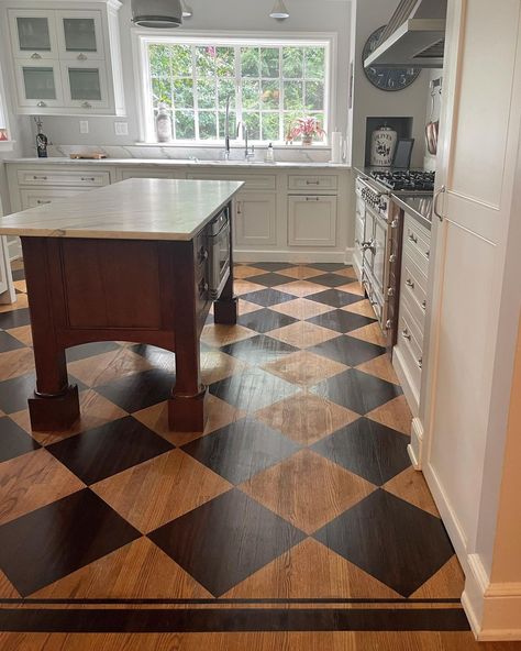 A classic checkerboard floor in 2 shades of brown stain adds some interest and helps define the space in the light filled kitchen | Instagram Stained Checkerboard Wood Floor, Stained Checkerboard Floor, Wood Checkered Floor, Brown Checkered Floor, Painted Checkerboard Floor, Brown Laminate Flooring, Staining Wood Floors, Painted Floorboards, Painted Wood Floors