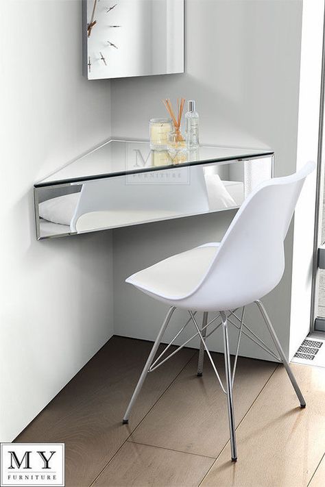 Inga Corner Mirrored Floating Unit | £84.99 Rustic French Furniture, Corner Bedside Table, Bedside Mirror, Floating Bedside Shelf, Desk Hacks, Corner Mirror, Bedside Shelf, Mirrored Bedroom Furniture, Ikea Desk