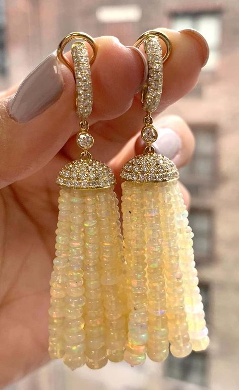 For Sale on 1stDibs - Bead Tassel Earrings with 14 Opal Strands, Diamonds, Briolettes & Diamonds Hoop in 18K Yellow Gold, from 'G-One' Collection Tassel Length: 1-1/2' Approx. Bead Tassel Earrings, Gold Tassel Earrings, Beaded Tassel Earrings, Jewellery Inspiration, Beaded Tassels, Bead Strand, Tassel Earrings, Beautiful Roses, Jewelry Inspiration