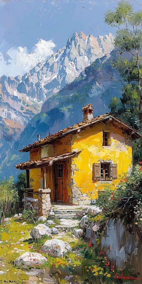 House In Mountains, Peisaj Abstract, Small Wooden House, Mountain Landscape Painting, Watercolor Architecture, Canvas Painting Landscape, Landscape Art Painting, 수채화 그림, Nature Art Painting