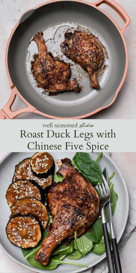 These are the easiest roasted duck legs ever! Refrigerate overnight with Chinese five spice powder sprinkled on all sides, then roast for 1 ½-2 hours until the skin is impossibly crispy, and the meat is tender and juicy. Flavorful, but oh so simple! #wellseasonedstudio #ducklegs #roastedduck #roastduck #fivespice #chinesefivespice #fivespincepowder #whole30duck #whole30 #duckphotography #foodphotography #styling Duck Leg Recipes, Chinese Five Spice, Chinese Five Spice Powder, Roasted Duck, Five Spice, Asian Vegetables, Five Spice Powder, Roast Duck, Slow Roast