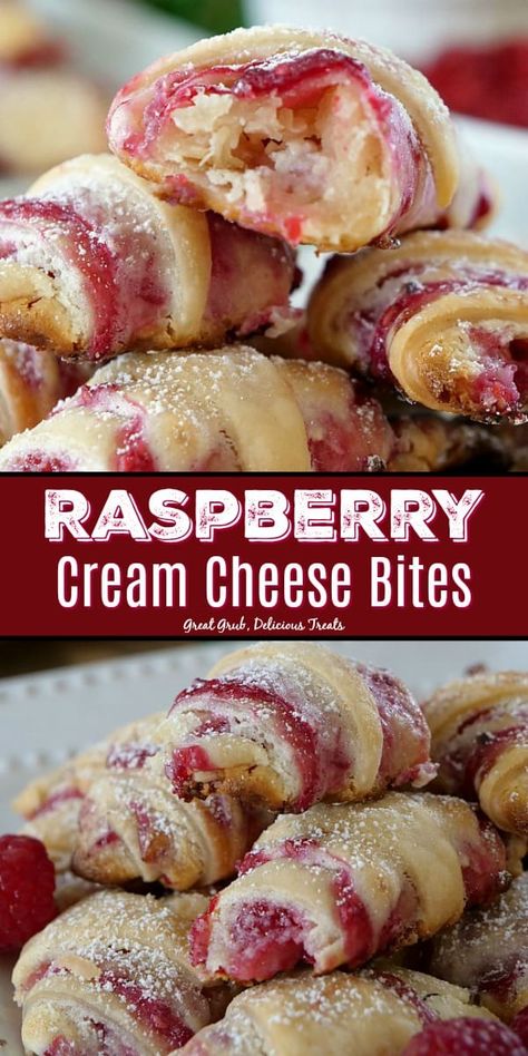 Raspberry Cream Cheese Bites have a cheesecake filling and a delicious raspberry sauce all rolled up in pie crust like a crescent then baked. Cream Cheese Bites, Cheese Bites Recipe, Raspberry Cream Cheese, Cream Cheese Pastry, Savory Cakes, Raspberry Desserts, Raspberry Cream, Raspberry Recipes, Crescent Roll Recipes