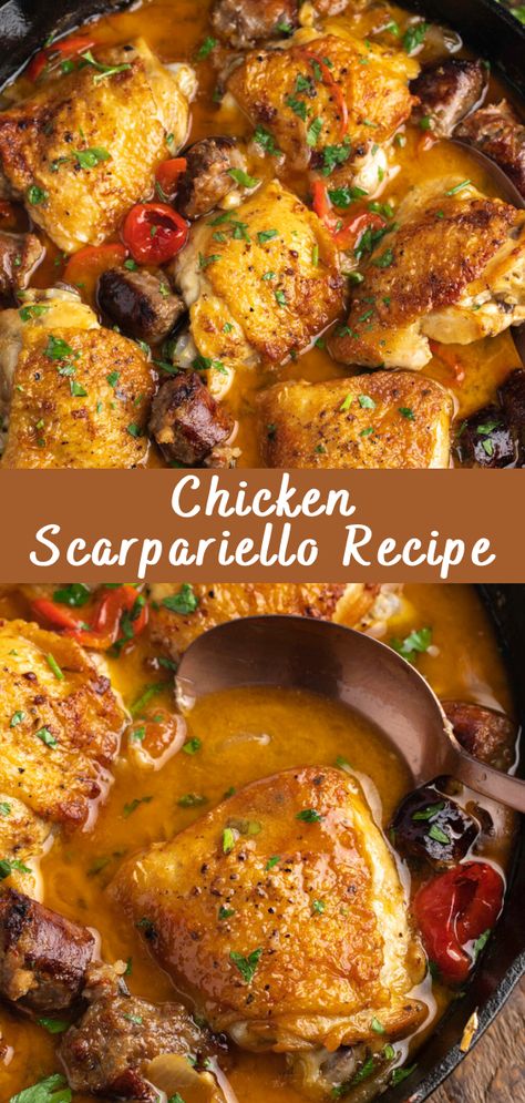 Chicken Scarpariello Recipe | Cheff Recipes Chicken Scarpiello Recipe, Chicken Caccatorie Recipes, Traditional Italian Chicken Dishes, One Pot Recipes Chicken, Tangy Chicken Recipes, Italian Dish Recipes, Chicken Scaparielo, Italian Chicken And Peppers, Sicilian Dinner Recipes