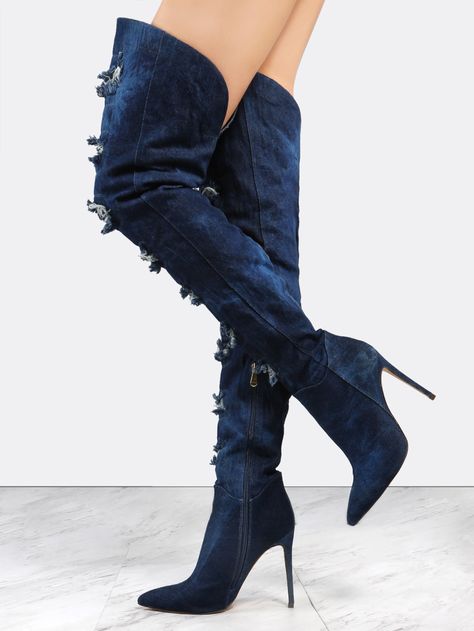 Distressed Stiletto Thigh High Boots DARK DENIM -SheIn(Sheinside) Thigh High Stiletto Boots, Dress Shoes Women, Autumn Party, Winter Fashion Boots, Spring Boots, Denim Boots, Blue Boots, High Heel Boots Knee, Stiletto Boots