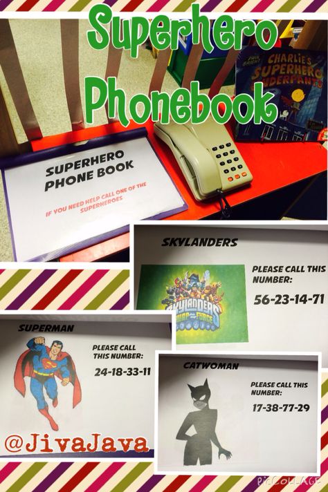 Superhero Phonebook (abcDoes idea!) - focus was on 2-digit numbers so children had to read the numbers and use the phone to dial the superhero of choice Superhero Topic Eyfs, Superhero Role Play Area, Superhero Eyfs Activities, Superhero Activities Eyfs, Eyfs Superheroes, Superheroes Eyfs, Superhero Writing, Superhero Preschool, Superhero Week