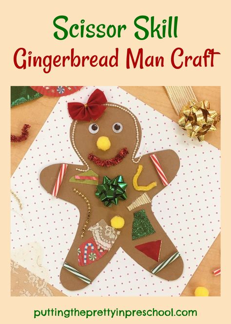 Gingerbread man craft with scissor skill opportunities. Christmas-themed craft supplies are used to decorate the kraft paper gingerbread person. Gingerbread Man Craft, Gingerbread Man Template, Gingerbread Man Crafts, Christmas Handprint Crafts, Gingerbread Activities, Handprint Christmas, December Crafts, K Crafts, Gingerbread Crafts