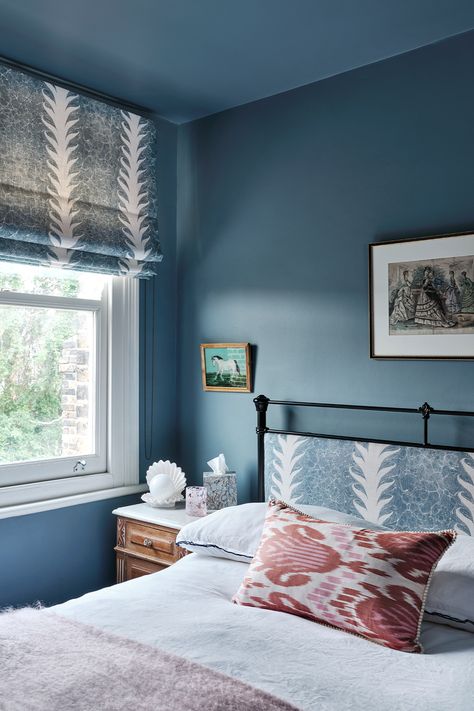 How This House Went From Student Digs To Family Home | SheerLuxe Blue Bedroom Ideas, Headboard Designs, Hill House, Tiny Bedroom, English Country House, Top Interior Designers, South London, Blue Bedroom, Spare Room