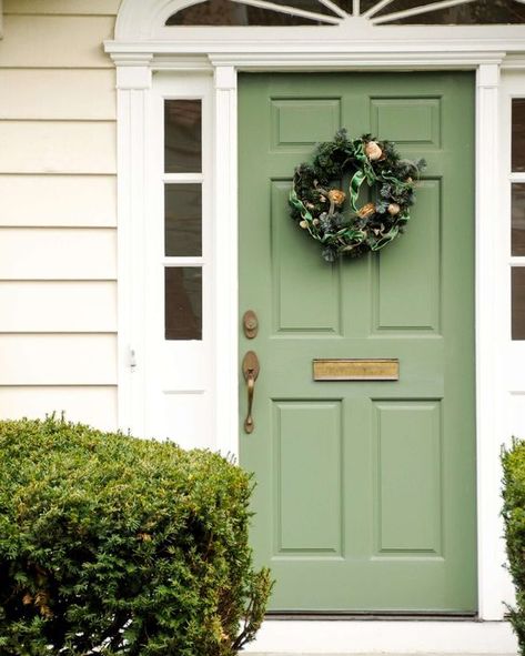 Leap Of Faith Benjamin Moore Front Door, Tan House Green Shutters, Tan House Front Door Color, Front Door Colors For White House, French Country Front Door, Painted Front Door Ideas, Colorful Front Door, Front Door Paint, Paint Color Trends