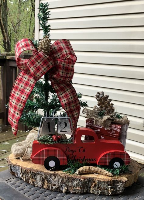 Red Truck Decor Christmas, Red Christmas Truck Decor, Christmas Tree Red Truck Theme, Red Truck Centerpiece Ideas, Red Truck Christmas Table Decor, Little Red Truck Christmas Decor, Red Truck Christmas Tree Table, Christmas Truck Centerpiece, Diy Red Truck Decor