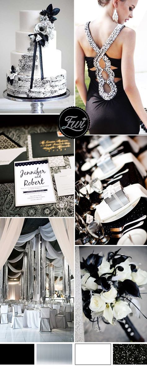 White Silver And Black Wedding, Black Silver White Wedding, Black And Silver Winter Wedding, Black Silver Wedding Color Schemes, Black White And Silver Wedding Cake, Silver Black And White Wedding, Black And Silver Wedding Dress, Silver And Black Wedding Theme, Black And Silver Wedding Decorations