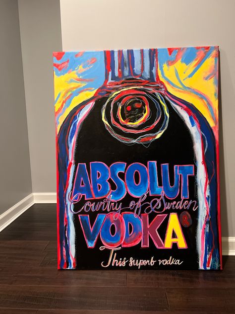 College House Painting Ideas, Cool Art Canvas, Painting For College Apartment, Funky Painting Ideas On Canvas, Apartment Painting Ideas Canvas, Funky Art Painting Inspiration, Vodka Painting, Funky Canvas Painting, Wall Drawing Bedroom Art Ideas