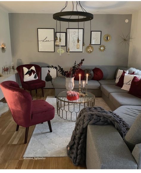 Grey And Red Living Room, Red Living Room Decor, Burgundy Living Room, Red Living, Living Room Decor Gray, Elegant Living Room Design, Gold Living Room, Living Room Red, Small Living Room Decor