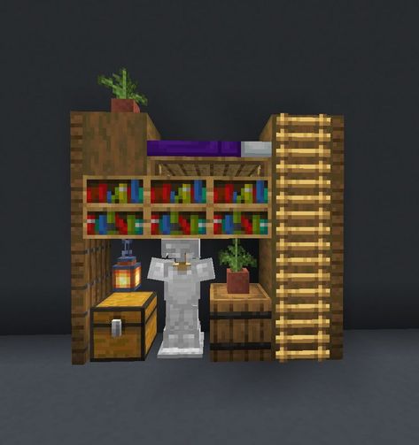 Small and easy Minecraft building idea for a bunk bed and storage area. Decorated with potted plants and bookshelves. Add this simple Minecraft project to your base today! #minecraft Small Bed Design Minecraft, Small Bedroom Minecraft Ideas, Bedroom Ideas For Small Rooms Minecraft, Small Bed Minecraft, Simple Minecraft Build Ideas, Minecraft Bunk Bed Designs, Minecraft Small Bed Ideas, Minecraft Small Room Designs, Small Minecraft Room Ideas