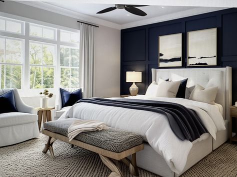 Smokey Blue Accent Wall Bedroom, Indigo Accent Wall Bedroom, Dark Navy Accent Wall Bedroom, Bedroom With Navy Accent Wall, Dark Blue And Grey Bedroom, Navy Blue Basement, Dark Blue Accent Wall Bedroom, Navy Accent Wall Bedroom, Navy Blue Accent Wall Bedroom