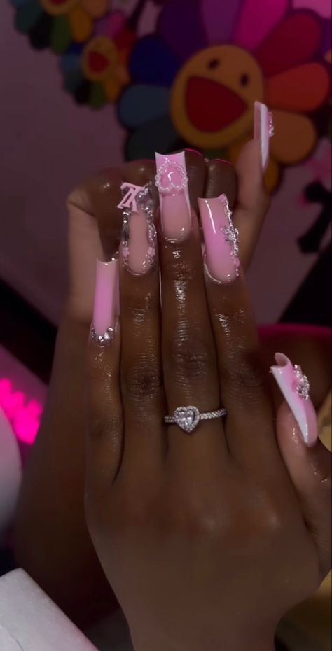 Pink Birthday Nails, Purple Acrylic Nails, Acrylic Nail Set, Hard Nails, Colored Acrylic Nails, Girly Acrylic Nails, French Tip Acrylic Nails, Dope Nail Designs, Short Square Acrylic Nails