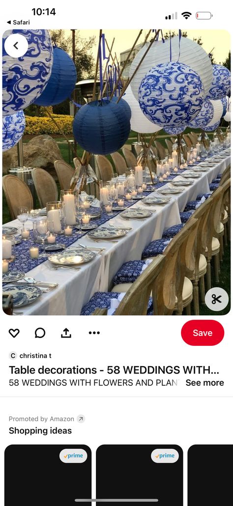 Long Table Decorations, Blue Table Settings, Hanging Candle Lanterns, Japanese Paper Lanterns, Bamboo Decor, Long Dining Table, Party Table Settings, Blue White Decor, Beautiful Table Settings