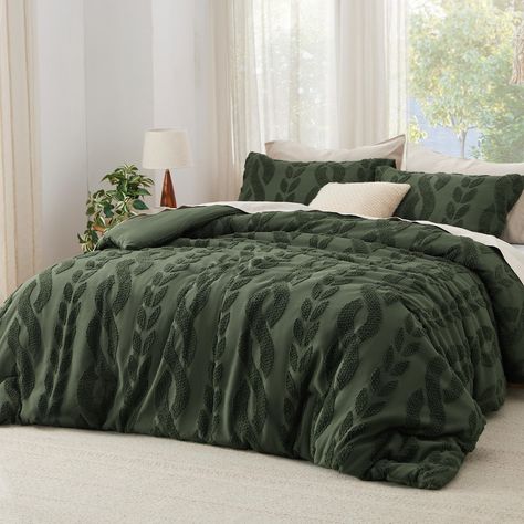 PRICES MAY VARY. Jacquard Design: Featuring a jacquard cable knit design with a faux pilling effect, this comforter set adds a touch of exquisiteness and sophistication to your sleeping space. Soft and Breathable: The brushed microfiber on this comforter set offers an ultra-soft hand-feel, and its smooth texture provides coziness without crinkly noise. Premium Filling: Filled with premium polyester microfiber, this comforter set provides a supremely fluffy hand-feel and breathable warmth. Extra Dark Green Bed Sheets, Olive Green And Burnt Orange Bedroom, Green Bed Set, Dark Green Bedding, Green Bedspread, Burnt Orange Bedroom, Tufted Bedding, Tan Bedroom, Green Comforter Sets